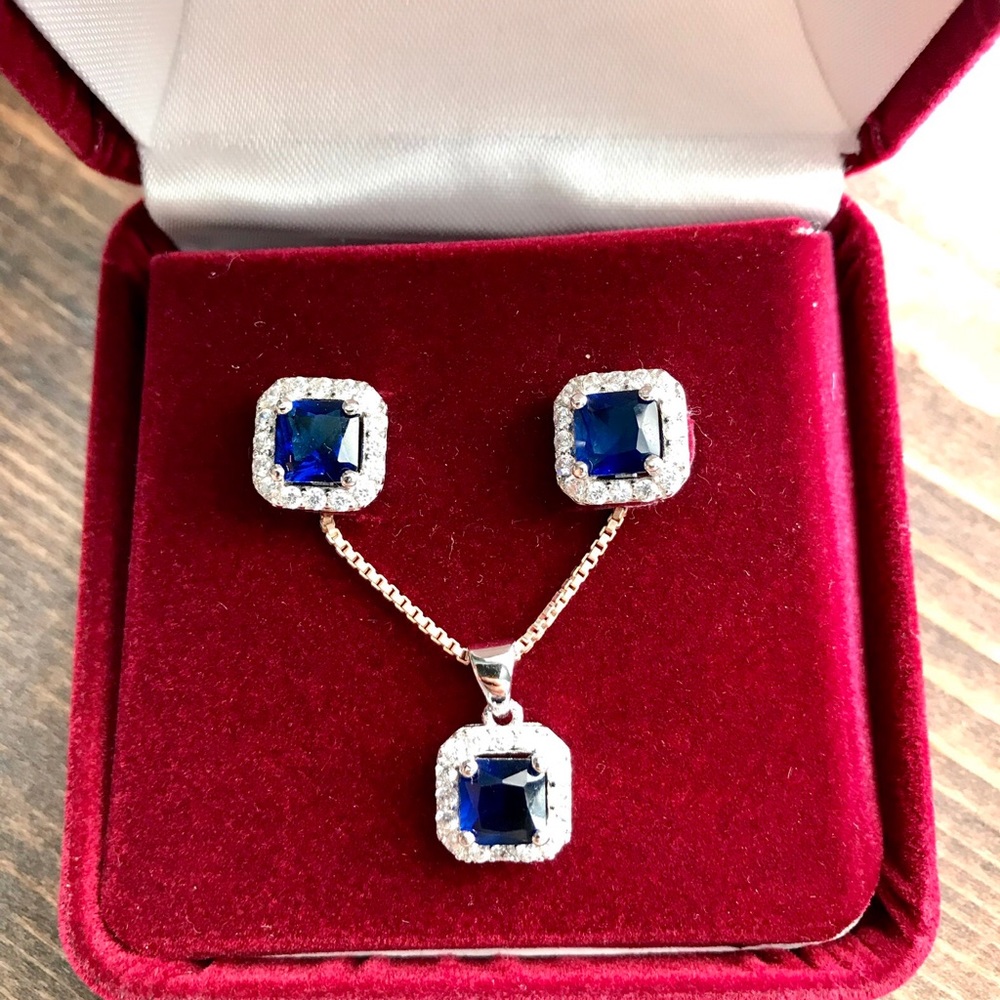 Sapphire Sterling Silver Necklace and Earrings Set